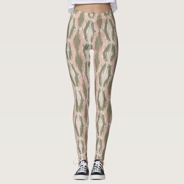 Boho Rodnad Rosa Oliv Ikat Mönster Leggings (Framsida)