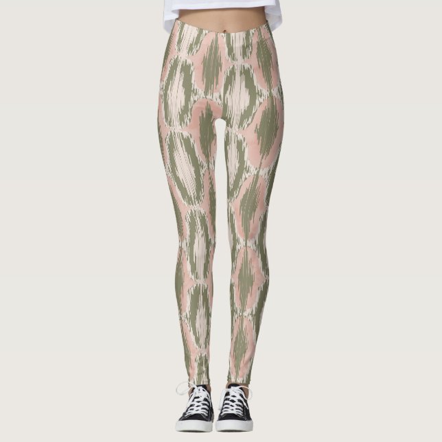 Boho Rodnad Rosa Oliv Ikat Mönster Leggings (Framsida)