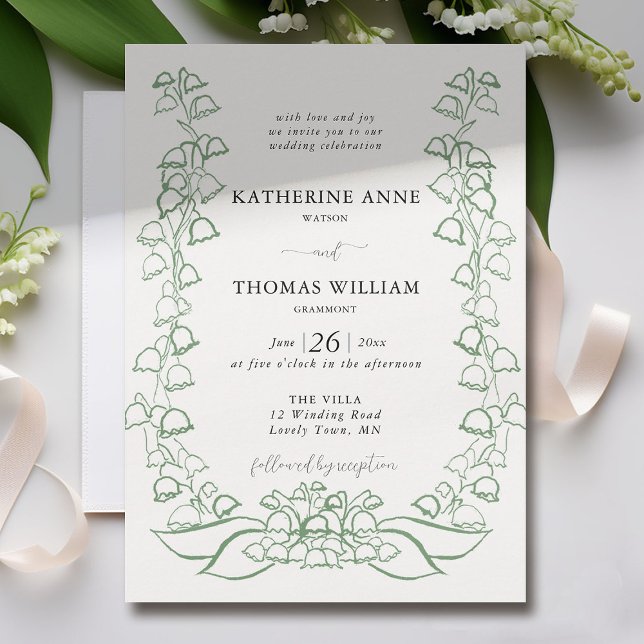 Boho Romantic Sketch Grönt Lily Valley Bröllop Inbjudningar (lily of the valley wedding invitation formal non traditional elegant green floral sketch fine art)