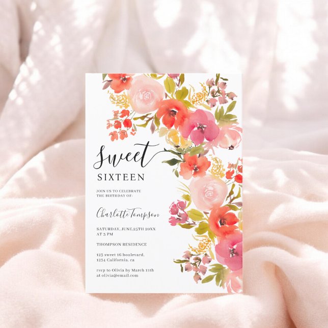 Boho romantic söt blommigt script coral söt 16 inbjudningar (Boho romantic pretty floral script coral sweet 16 invitation)