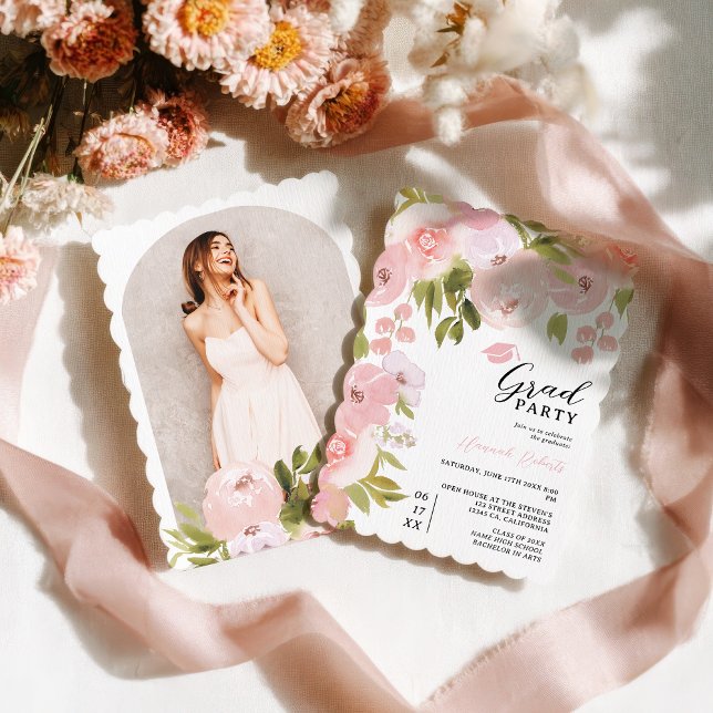 Boho Rosa Akvarell Blommig Foto Examenfest Inbjudningar (Boho Pink Watercolor Floral Photo Graduation Party Invitation)