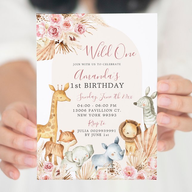 Boho Rosa Arch Girl Safari First Birthday Inbjudningar (Skapare uppladdad)