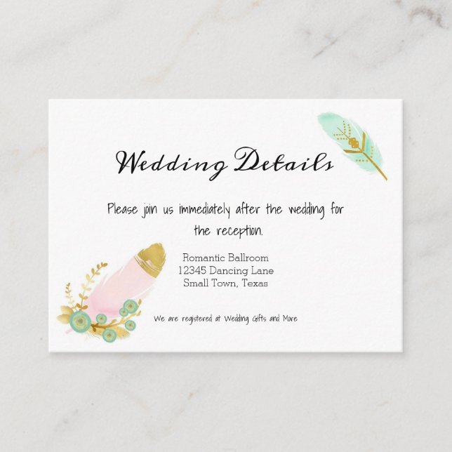 Boho Rosa Auqa Guld Feathers Tilläggskort (Framsida)