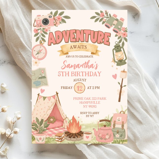 Boho Rosa Äventyr Väntar Flicka Födelsedag Inbjudningar (Skapare uppladdad)