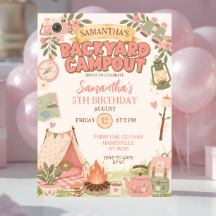 Boho Rosa Bakgårdscamping Flickfödelsedag Inbjudningar