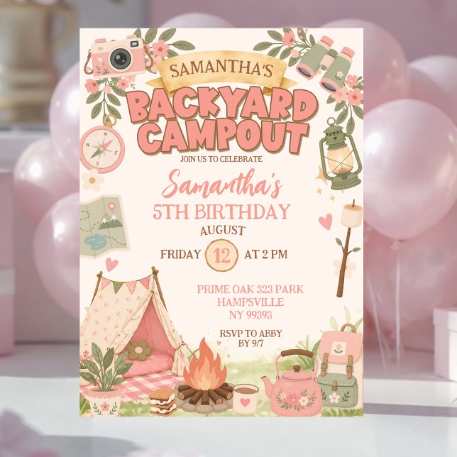 Boho Rosa Bakgårdscamping Flickfödelsedag Inbjudningar (Skapare uppladdad)
