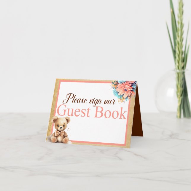Boho Rosa Bear Baby Shower Guest Bok Bord Card Kort (Framsida)