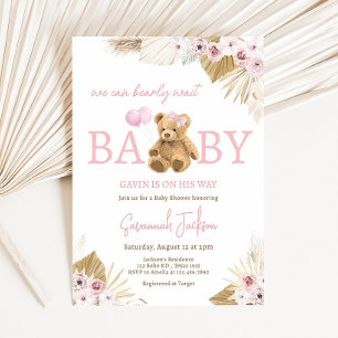 Boho Rosa Bear Baby Shower Inbjudningar