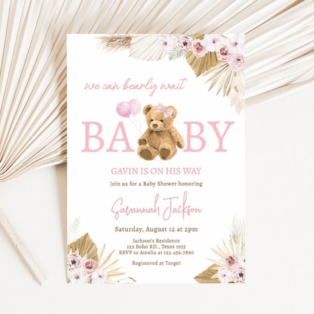 Boho Rosa Bear Baby Shower Inbjudningar (Pink Pampas Grass Teddy Bear Baby Shower Invitation)