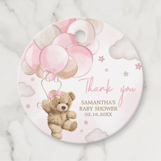 Boho Rosa Bear Balloon Baby Shower Gåvor Etiketter (Framsida)