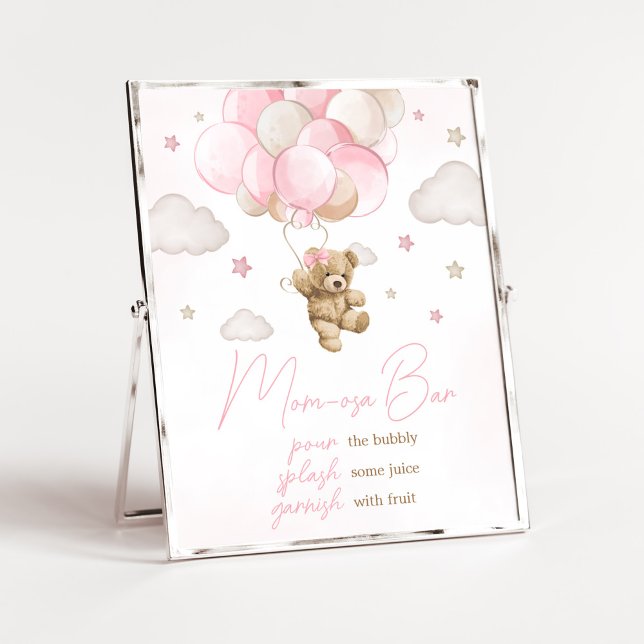 Boho Rosa Bear Balloon Baby Shower Mamma Osa Pub Poster (We Can Bearly Wait Pink Balloon Baby Shower Mom Osa Bar Sign)