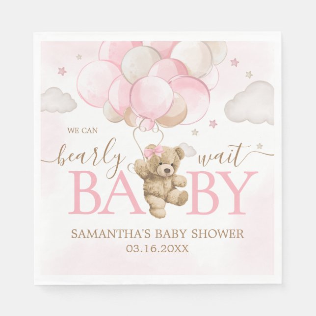 Boho Rosa Bear Balloon Baby Shower Pappersservett (Framsidan)