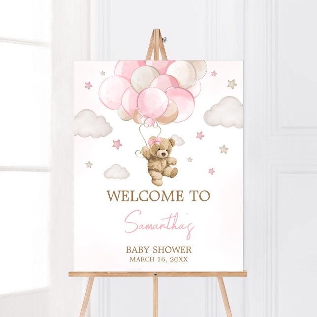 Boho Rosa Bear Balloon Baby Shower Välkommen Poster (We Can Bearly Wait Pink Balloon Baby Shower Welcome Sign)