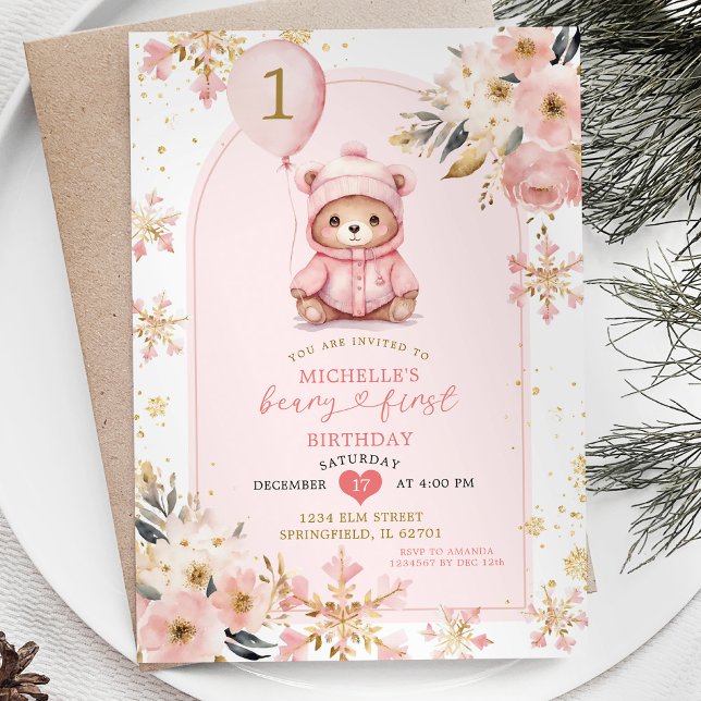 Boho Rosa Beary First Winter Birthday Blommigt Inbjudningar (Skapare uppladdad)
