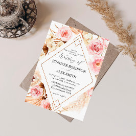 Boho Rosa & Beige Blommigt Guld Bröllop Inbjudningar