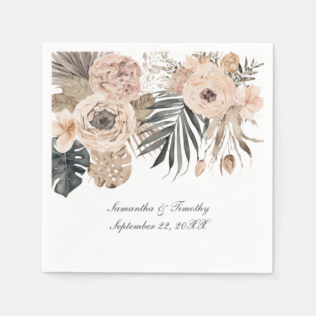 Boho Rosa Beige Grå Blommig Botanik Bröllop Pappersservett (Framsidan)