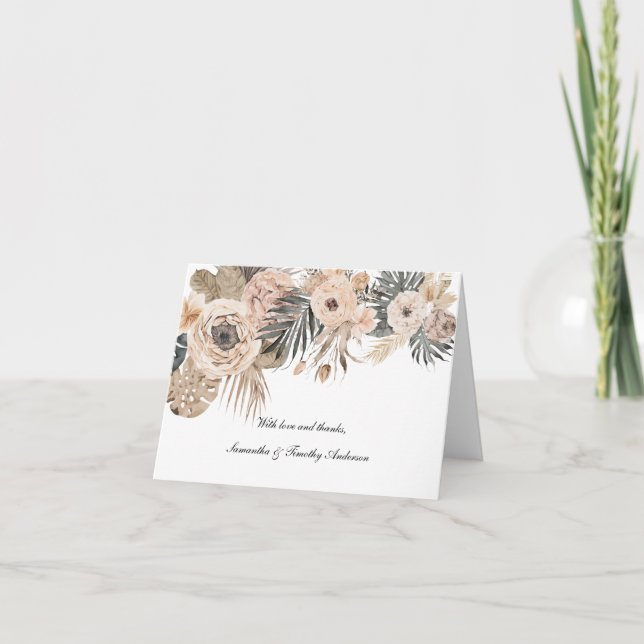 Boho Rosa Beige Grå Blommig Botanisk Bröllop  Tack Kort (Framsida)