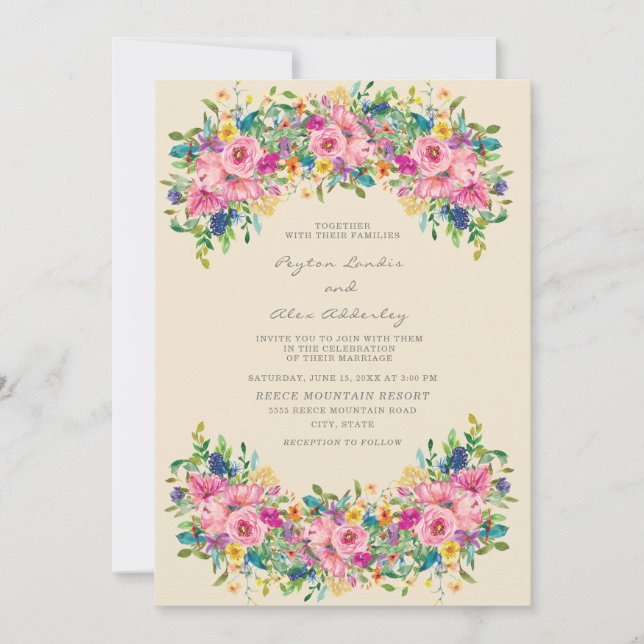 Boho Rosa Blå Gula Blommor Bröllop Inbjudningar (Framsida)