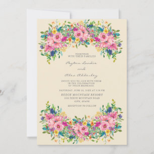 Boho Rosa Blå Gula Blommor Bröllop Inbjudningar