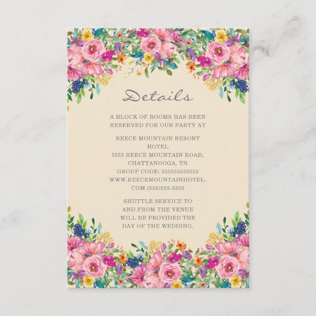 Boho Rosa Blå Gula Blommor Bröllopsdetaljer Tilläggskort (Framsida)