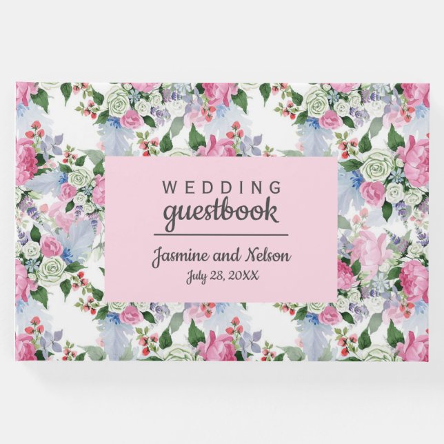 Boho Rosa Blåa blommor Bröllop Personlig Flower Gästböcker (Framsida)