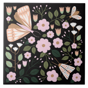Boho rosa Black blommigt butterfly moth art Kakelplatta