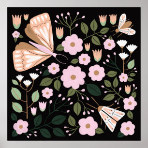 Boho rosa Black blommigt butterfly moth art Poster