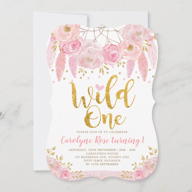 Boho rosa blom- Dreamcatcher vild en födelsedag Inbjudningar (Framsida)