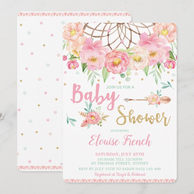 Boho Rosa Blommig Bebis Shower Drömfångare Flicka Inbjudningar (Fram/baksida)
