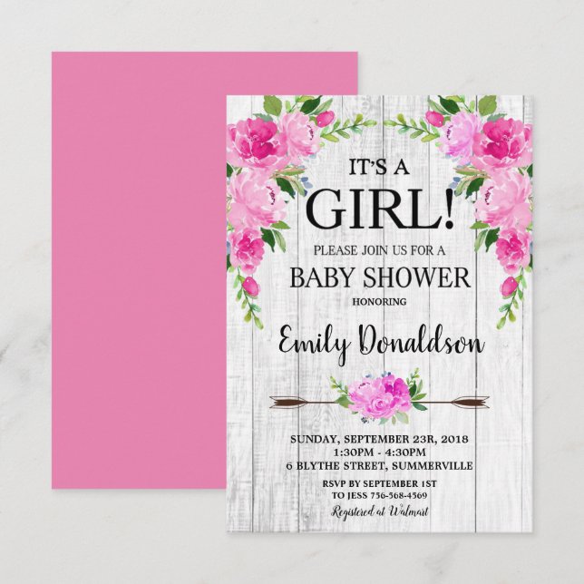 Boho Rosa Blommig Bebis Shower Inbjudan Tjej (Fram/baksida)
