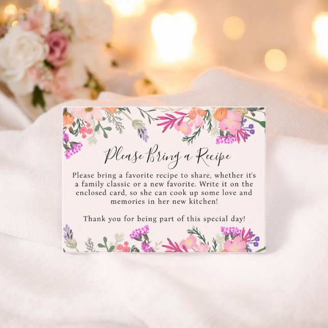 Boho Rosa Blommig Bringa Recept Bröllopsdusch Tilläggskort (Boho Pink Floral Bring a Recipe Bridal Shower Enclosure Card)