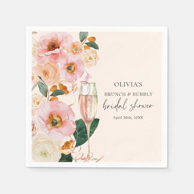 Boho Rosa Blommig Brunch & Bubbly Bröllopsdusch Pappersservett (Framsidan)
