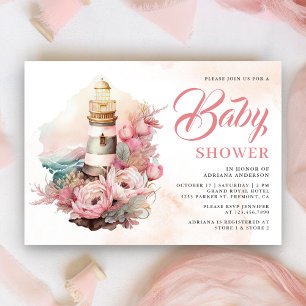 Boho Rosa Blommig Fyr Sjöfart Baby Shower Inbjudningar