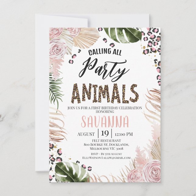 Boho Rosa Blommig Gepardtryck Safari 1-årsfest Inbjudningar (Framsida)