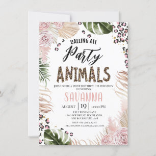 Boho Rosa Blommig Gepardtryck Safari 1-årsfest Inbjudningar