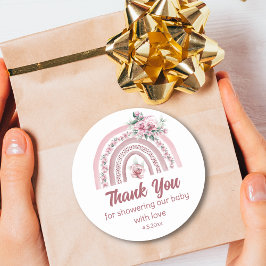 Boho Rosa Blommig Regnbåge Baby Shower Tack  Runt Klistermärke