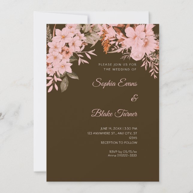 Boho Rosa Blommig Vinter Mocha Brun Bröllop Inbjudningar (Framsida)