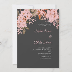 Boho Rosa Blommig Vinter Shadow Grå Bröllop Inbjudningar