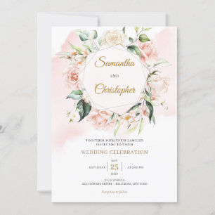 Boho rosa blommigt andeucalyptus guld inbjudningar
