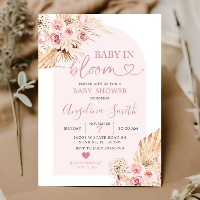 Boho Rosa Blommigt Arch Baby i Bloom Baby Shower i Inbjudningar (Skapare uppladdad)