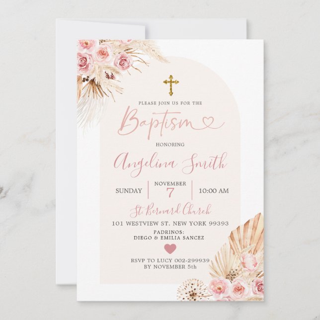 Boho Rosa Blommigt Arch Baptism-inbjudan Inbjudningar (Framsida)