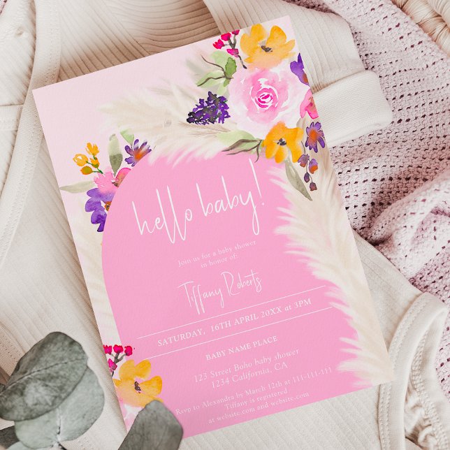 Boho rosa blommigt Arch Girl hej baby dusch Inbjudningar (Skapare uppladdad)