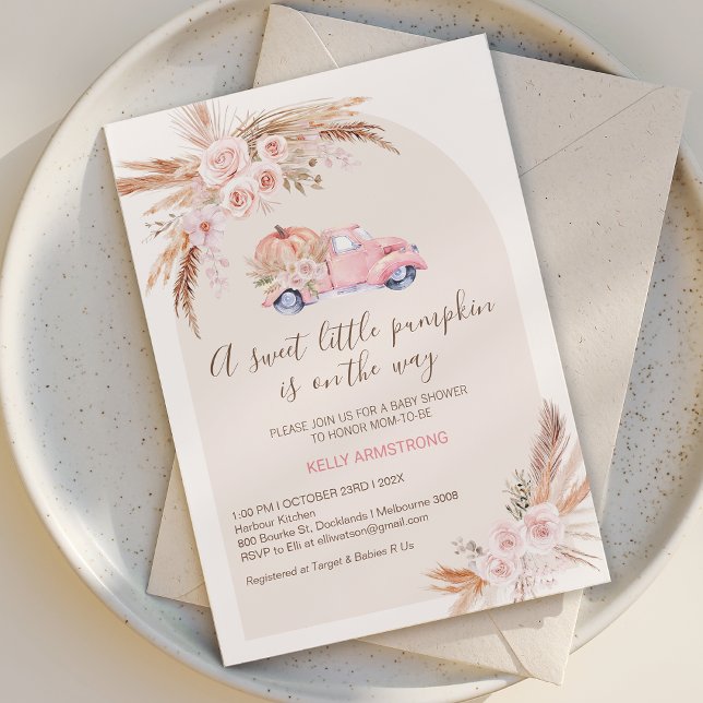Boho Rosa Blommigt Arch Pumpkin Lastbil Baby Showe Inbjudningar (Boho Floral Little Pumpkin Baby Shower Invitation Template, Fall Girls Pumpkin Truck Baby Shower )