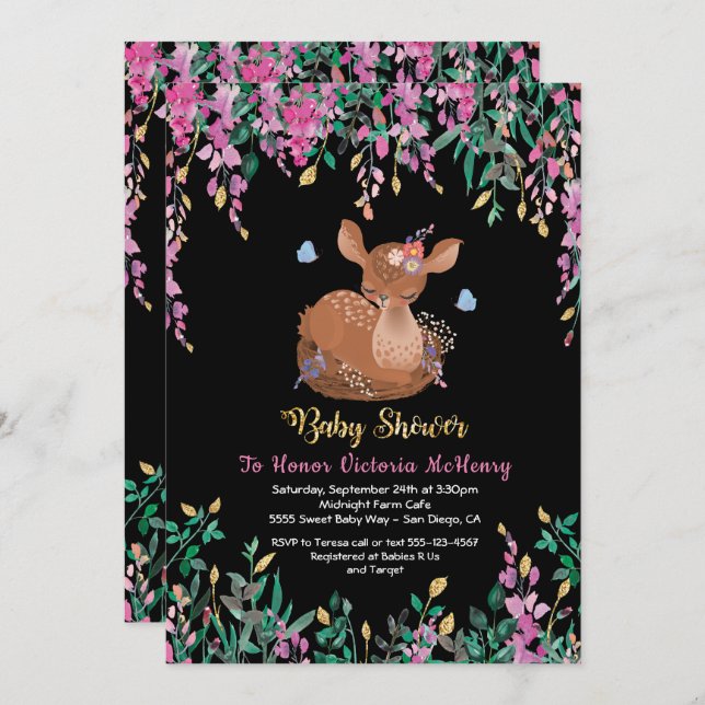 Boho Rosa Blommigt Baby Hjort Shower-inbjudan Inbjudningar (Fram/baksida)