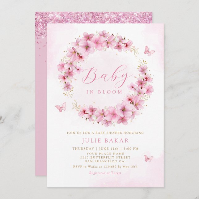 Boho Rosa Blommigt Baby i Bloom Girl Baby Shower Inbjudningar (Fram/baksida)