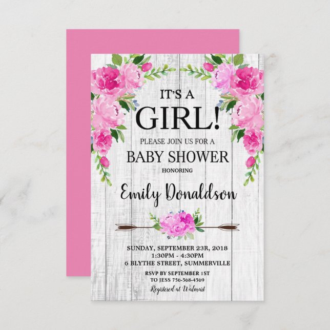 Boho Rosa Blommigt Baby Shower-inbjudan Flicka Inbjudningar (Fram/baksida)