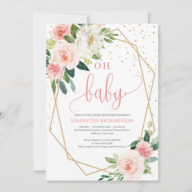 Boho  Rosa Blommigt Baby Shower-inbjudan Inbjudningar (Framsida)