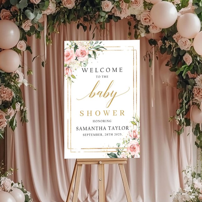 Boho  rosa blommigt Babydusch välkomstposter Poster (Boho blush pink floral Baby shower welcome poster)