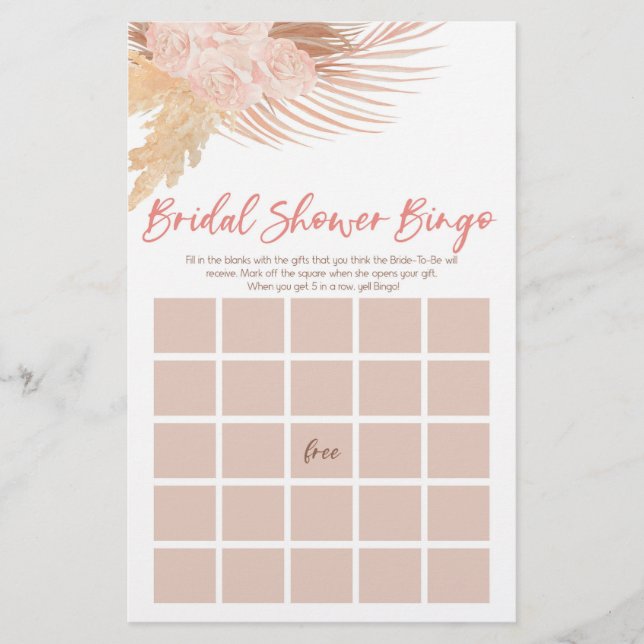 Boho Rosa Blommigt Bingo Möhippa Game Brevpapper (Framsida)