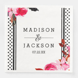 Boho Rosa Blommigt & Black Dot Bröllop Monogram Pappersservett